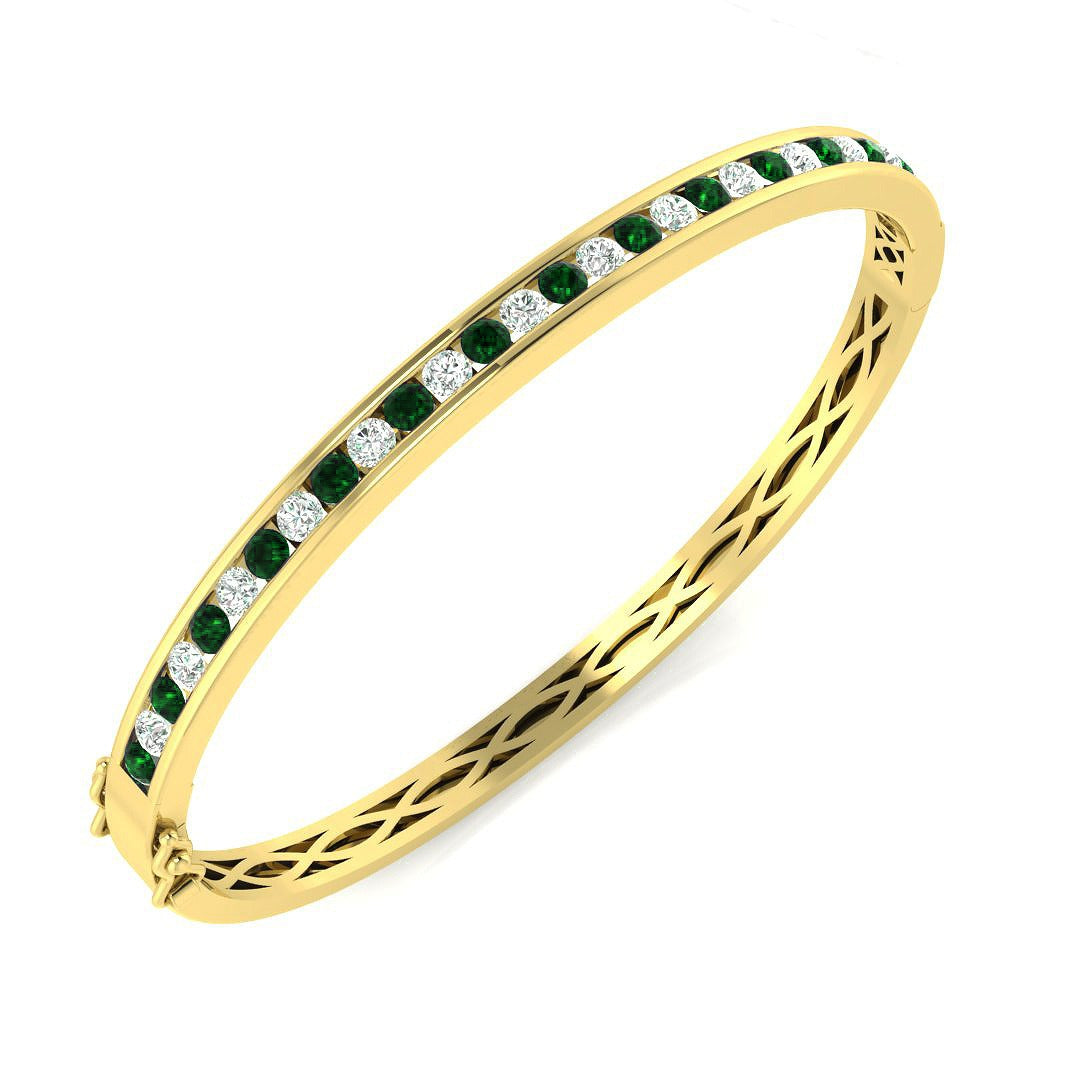 Natural Diamond and Emerald Channel Set Hinged Bangle with Box Clasp in 10K/14K gold and platinum with certified lab-grown or natural diamonds