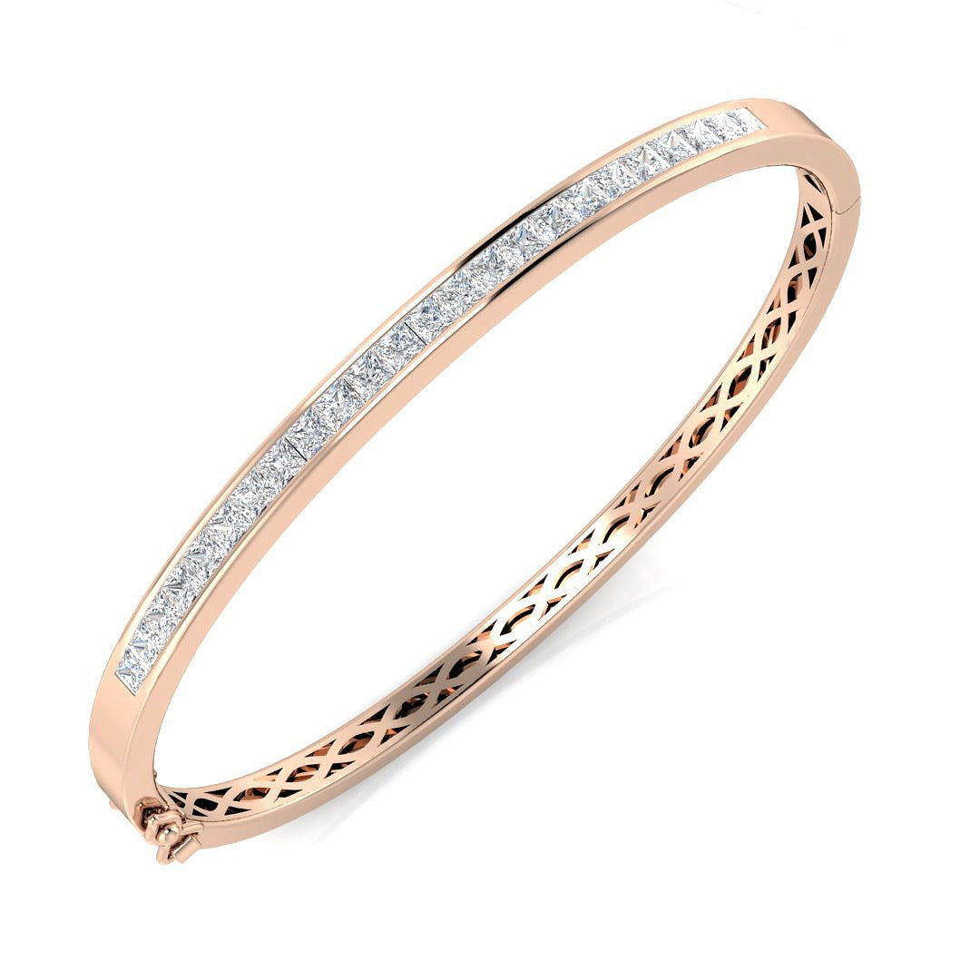 Natural Princess Cut Half Eternity Channel Set Hinged Diamond Bangle with Box Clasp in 10K/14K gold and platinum with certified lab-grown or natural diamonds