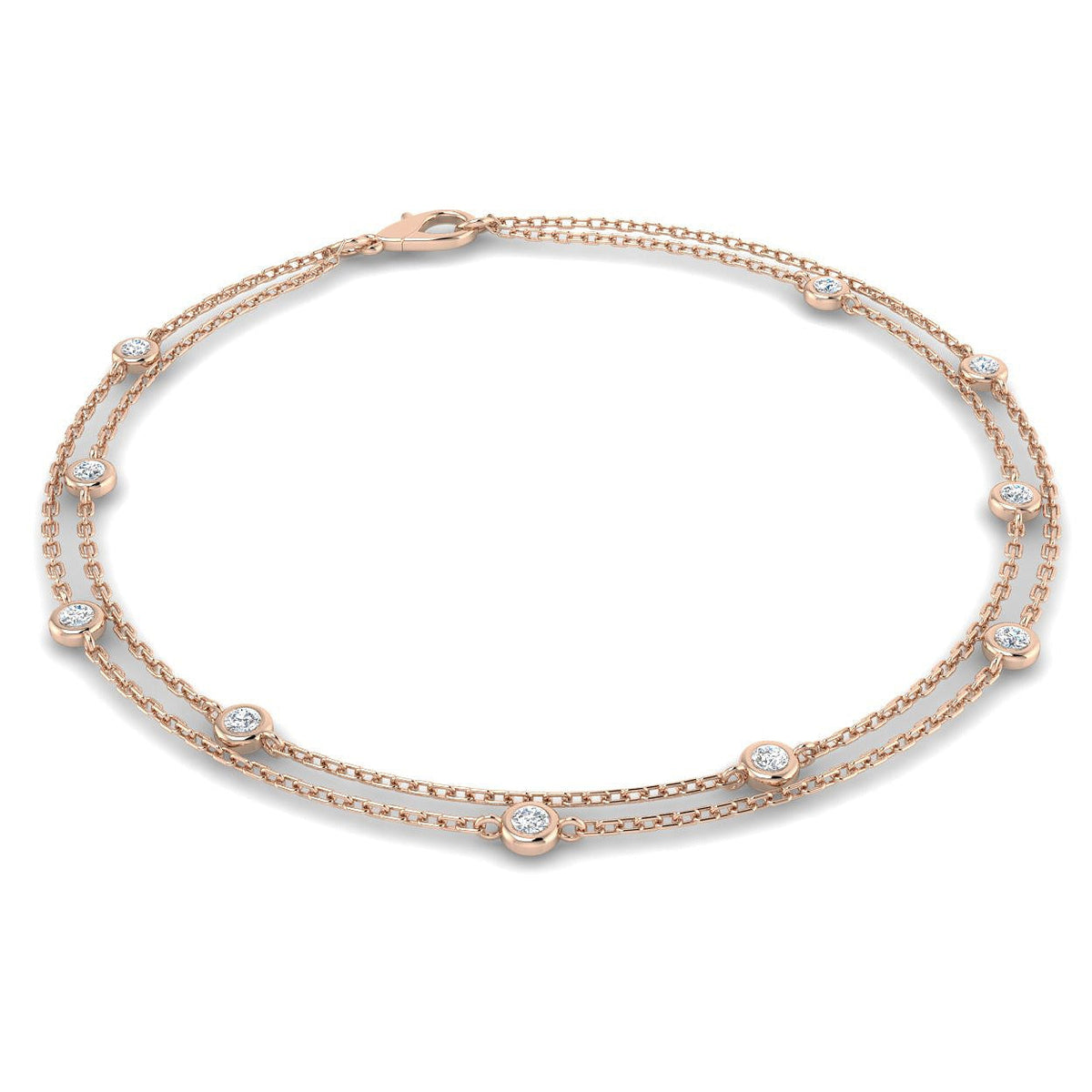 Natural Round Cut Bezel Set with Double Chain Diamond Station Bracelet in 10K/14K gold and platinum with certified lab-grown or natural diamonds