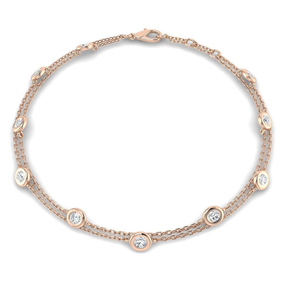 Natural Round Cut Bezel Set with Double Chain Diamond Station Bracelet in 10K/14K gold and platinum with certified lab-grown or natural diamonds