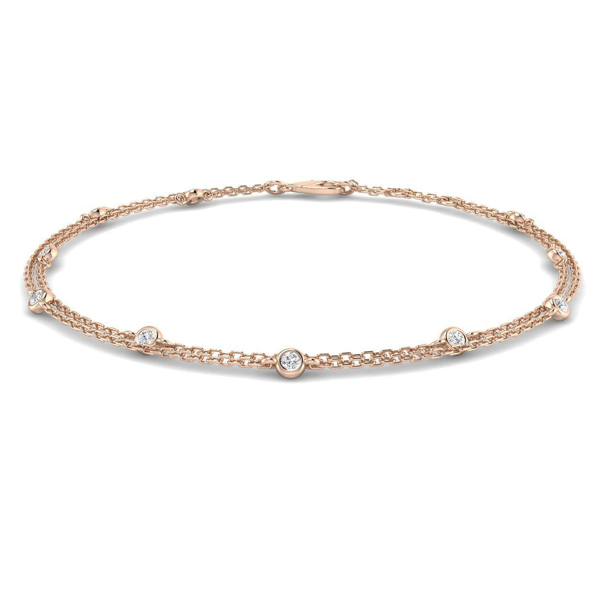 Natural Round Cut Bezel Set with Double Chain Diamond Station Bracelet in 10K/14K gold and platinum with certified lab-grown or natural diamonds