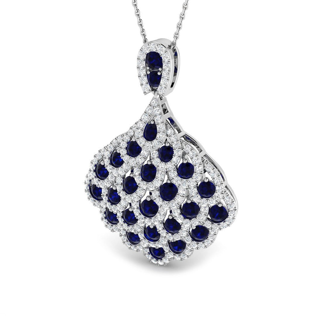Blue Sapphire Pendant Necklace with Diamond Peacock Design in 10K/14K gold and platinum with certified lab-grown or natural diamonds