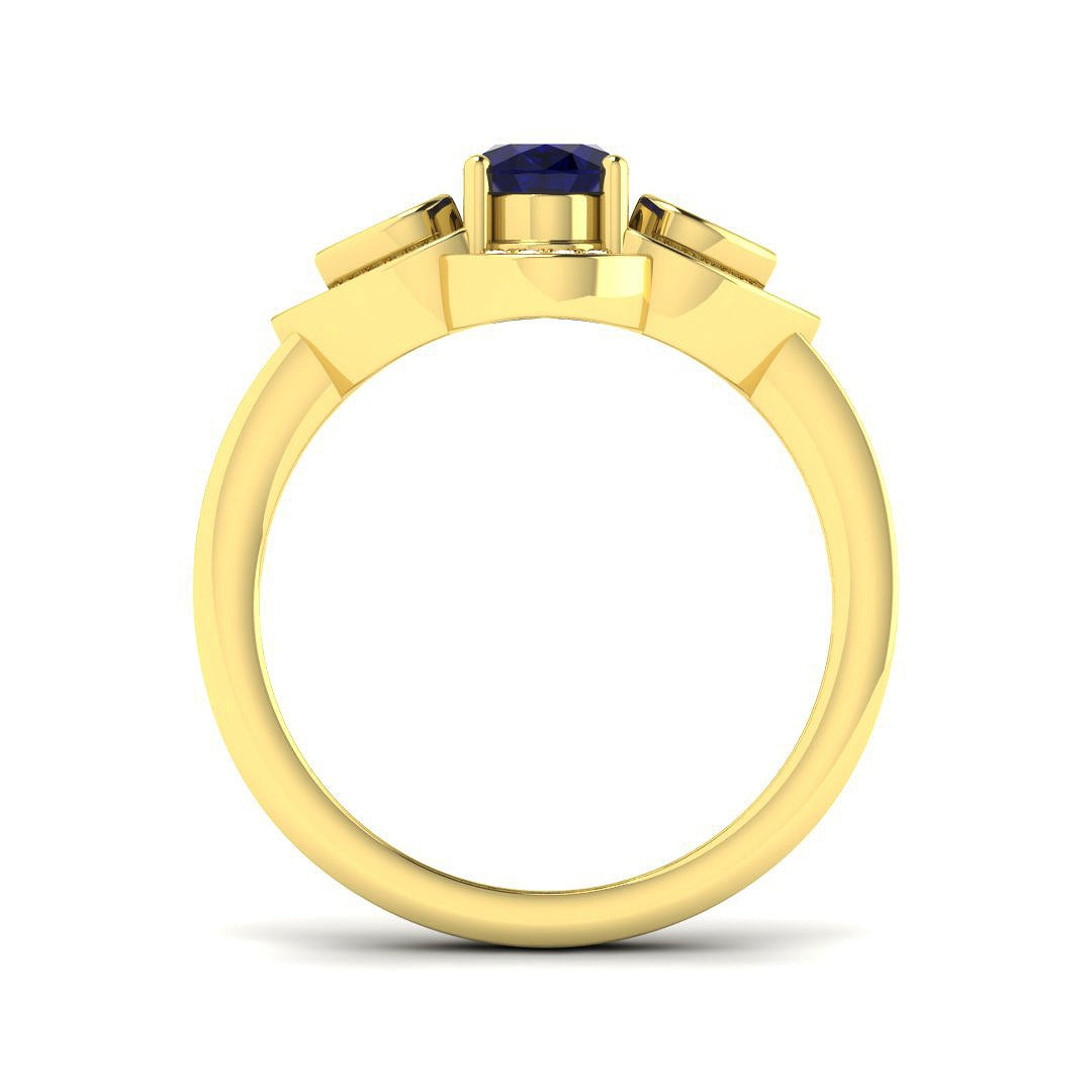 Oval Blue Sapphire Three Stone Ring with Pear Diamond Halo Accents in 10K/14K gold and platinum with certified lab-grown or natural diamonds