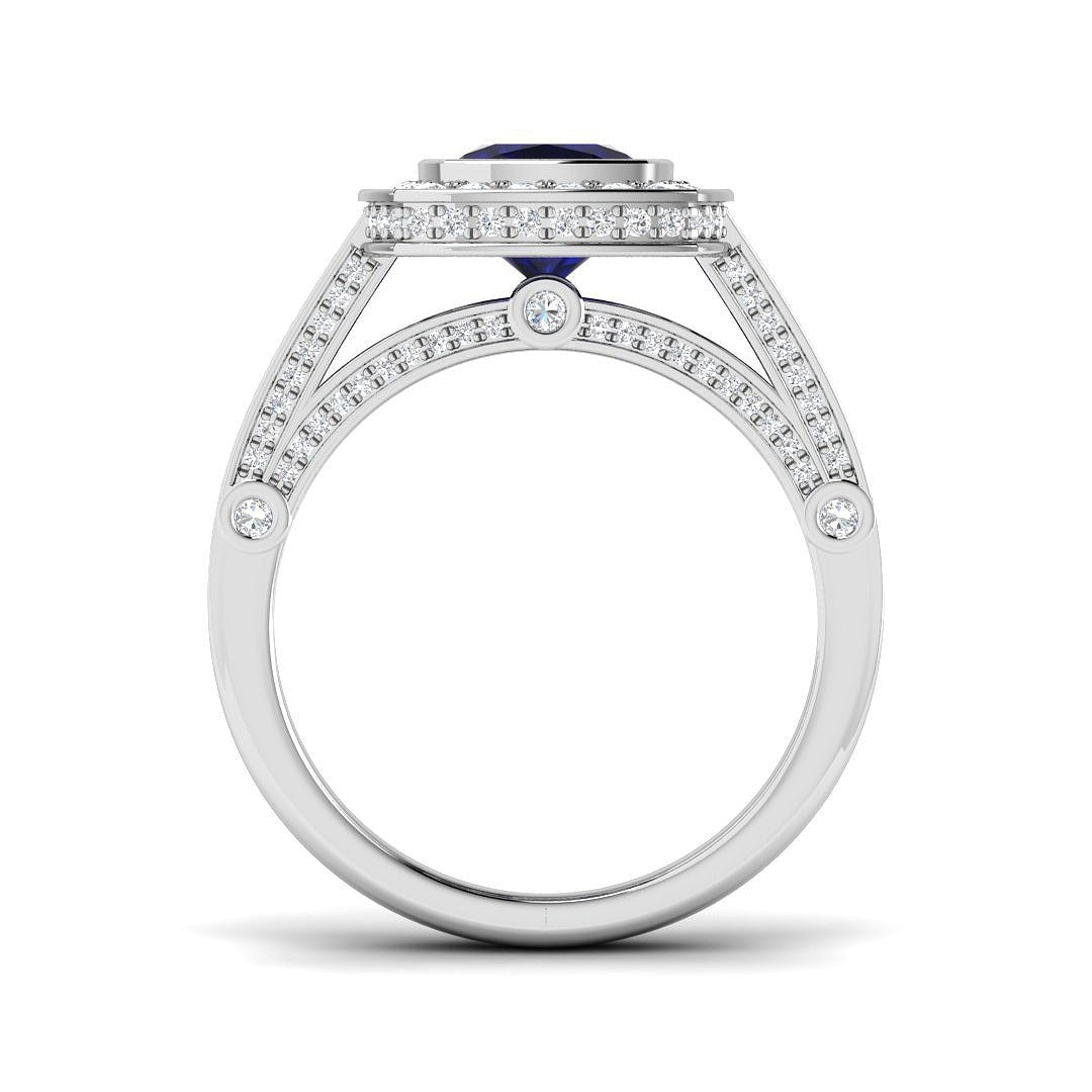 Vintage Cushion Cut Blue Sapphire Halo Ring with Split Shank Diamond Band in 10K/14K gold and platinum with certified lab-grown or natural diamonds