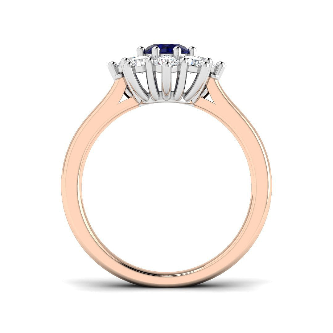 Blue Sapphire Halo Cluster Ring with Natural Diamonds in 10K/14K gold and platinum with certified lab-grown or natural diamonds