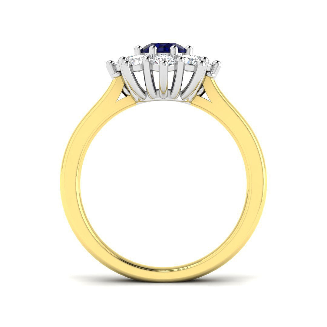 Blue Sapphire Halo Cluster Ring with Natural Diamonds in 10K/14K gold and platinum with certified lab-grown or natural diamonds