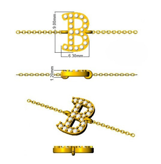 Round Cut Lab Grown Diamond Initial B Letter Chain Bracelet with Lobster Claw in 10K/14K gold and platinum with certified lab-grown or natural diamonds