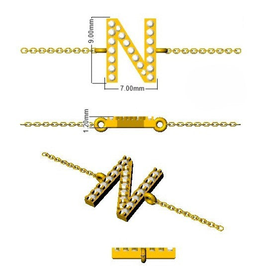 Natural Round Cut Initial N Letter Pave Set Diamond Chain Bracelet in 10K/14K gold and platinum with certified lab-grown or natural diamonds