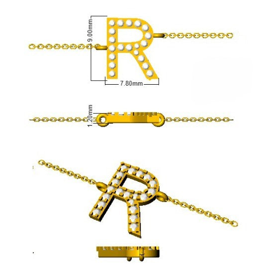 Alphabet R Letter Pave Natural Round Diamond Chain Bracelet with Lobster Claw in 10K/14K gold and platinum with certified lab-grown or natural diamonds