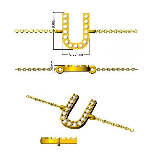 Alphabet U Bracelet with Pave Set Round Natural Diamonds and Lobster Claw in 10K/14K gold and platinum with certified lab-grown or natural diamonds