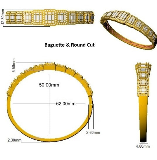 Lab Grown Baguette and Round Diamond Emerald Style Channel Prong Set Bangle in 10K/14K gold and platinum with certified lab-grown or natural diamonds