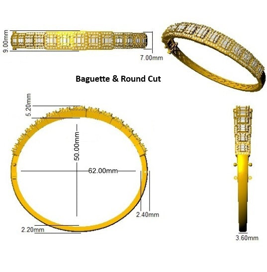 Lab Grown Baguette and Round Diamond Emerald Style Channel Prong Set Bangle in 10K/14K gold and platinum with certified lab-grown or natural diamonds