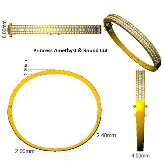 Natural Round Diamond and Princess Cut Amethyst Channel Set Hinged Bangle in 10K/14K gold and platinum with certified lab-grown or natural diamonds