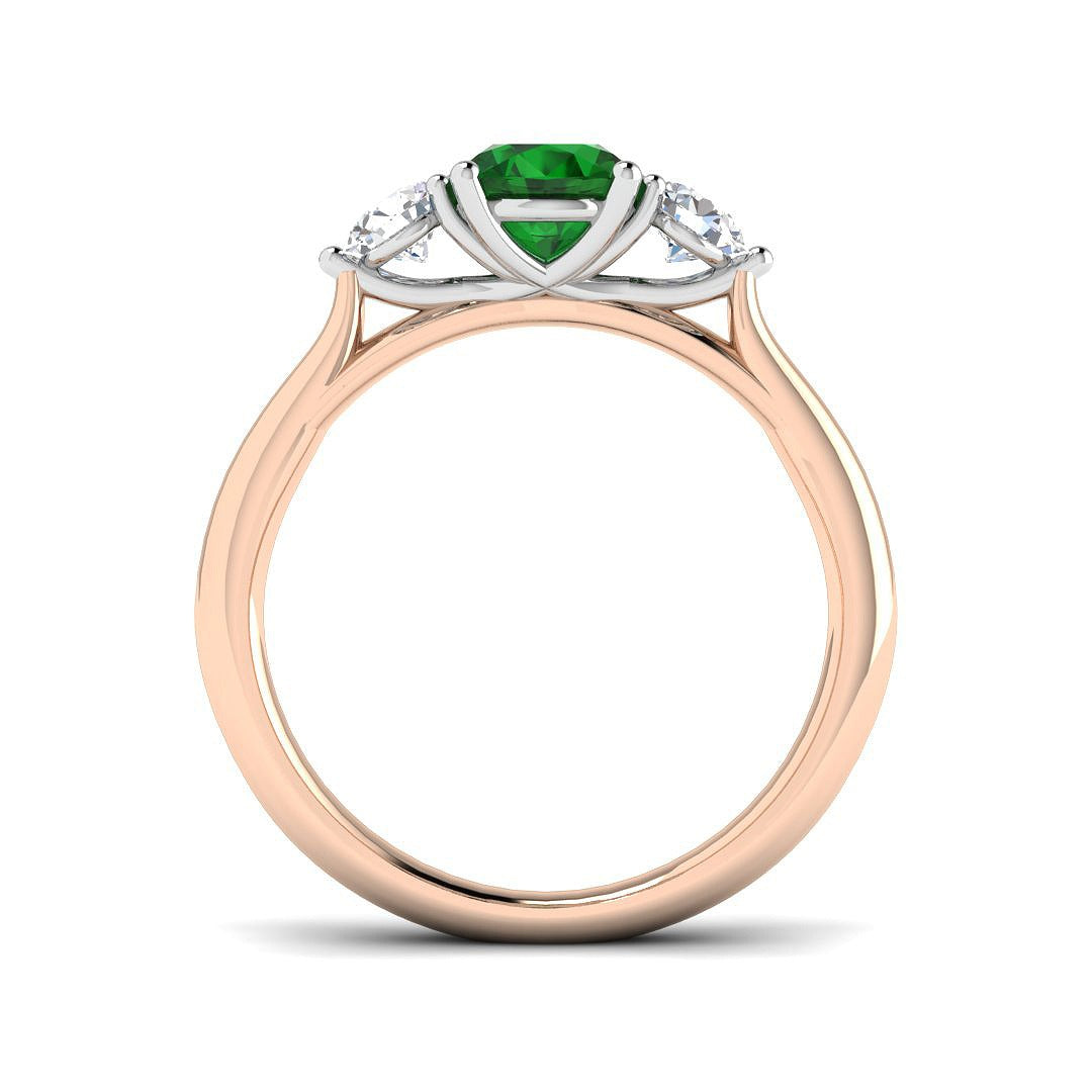 Emerald Solitaire with Round Side Stone Ring in 10K/14K gold and platinum with certified lab-grown or natural diamonds