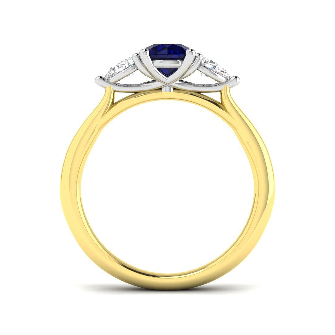 Round Blue Sapphire Three Stone Ring in 10K/14K gold and platinum with certified lab-grown or natural diamonds