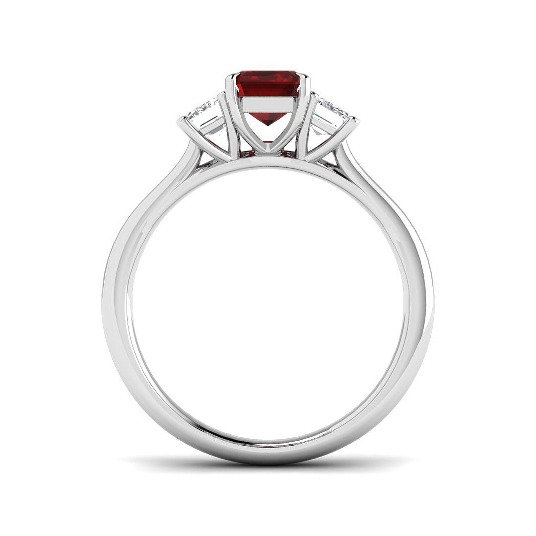 Ruby Three Stone Ring with Emerald Cut Diamond Side Stones in 10K/14K gold and platinum with certified lab-grown or natural diamonds