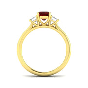 Ruby Three Stone Ring with Emerald Cut Diamond Side Stones in 10K/14K gold and platinum with certified lab-grown or natural diamonds