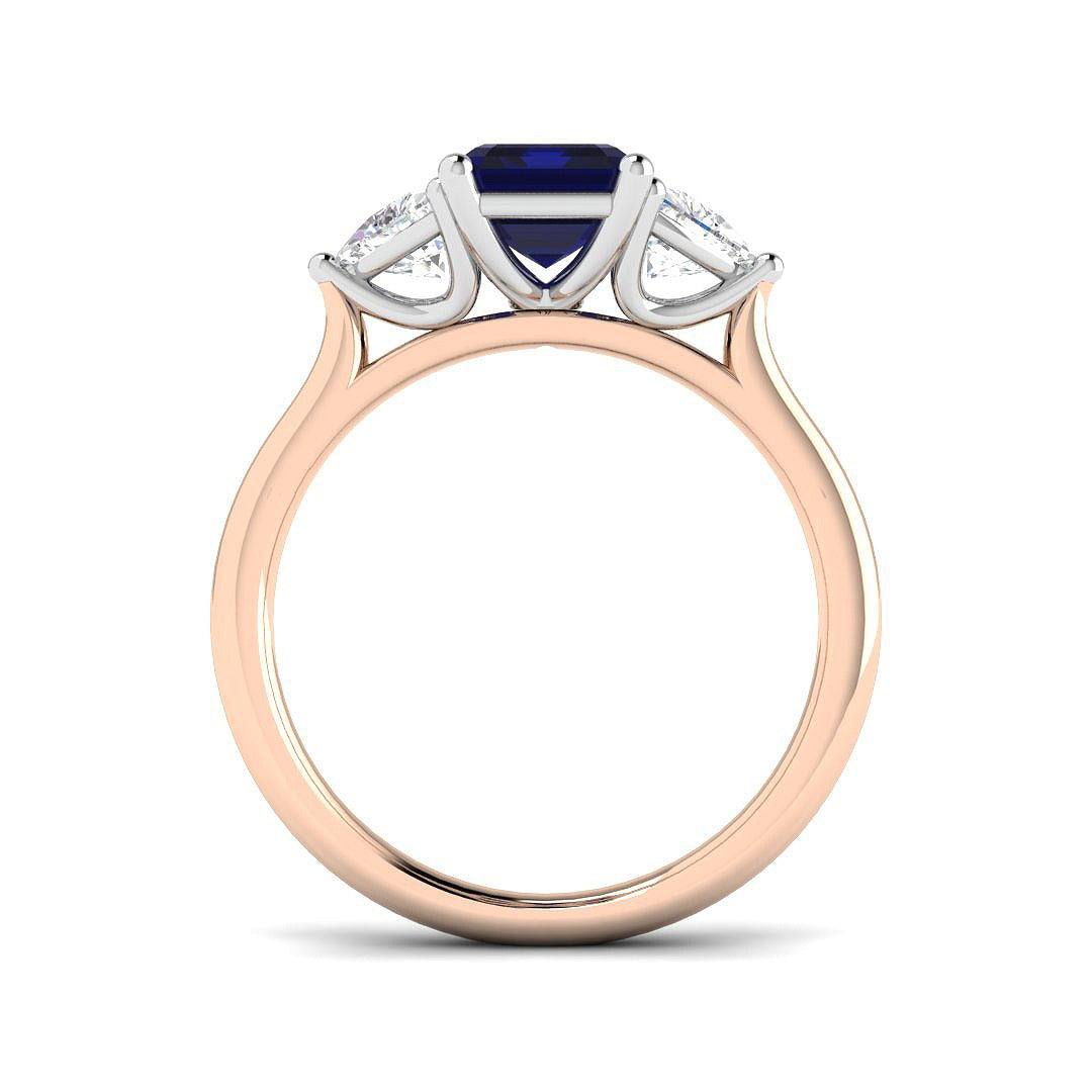 Emerald Cut Blue Sapphire Ring with Trillion Diamond Side Stones in 10K/14K gold and platinum with certified lab-grown or natural diamonds
