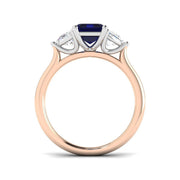 Emerald Cut Blue Sapphire Ring with Trillion Diamond Side Stones in 10K/14K gold and platinum with certified lab-grown or natural diamonds