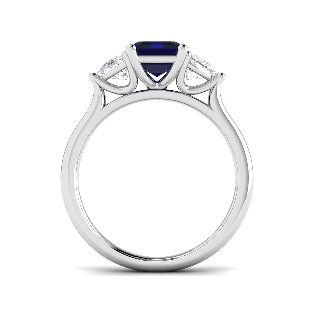 Emerald Cut Blue Sapphire Ring with Trillion Diamond Side Stones in 10K/14K gold and platinum with certified lab-grown or natural diamonds