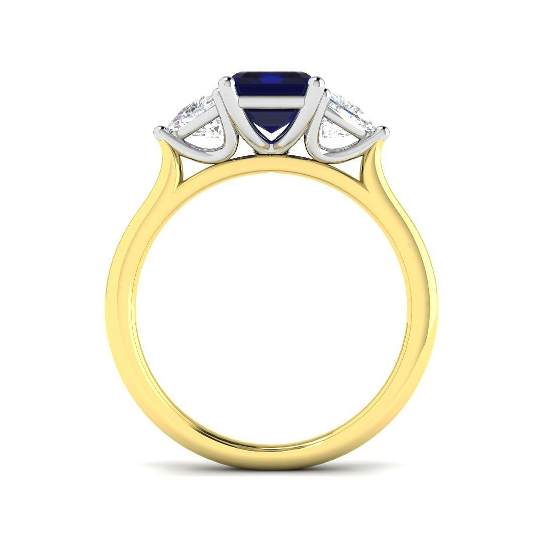 Emerald Cut Blue Sapphire Ring with Trillion Diamond Side Stones in 10K/14K gold and platinum with certified lab-grown or natural diamonds