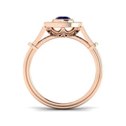Vintage Round Blue Sapphire Double Halo Ring with Diamond Split Shoulders in 10K/14K gold and platinum with certified lab-grown or natural diamonds