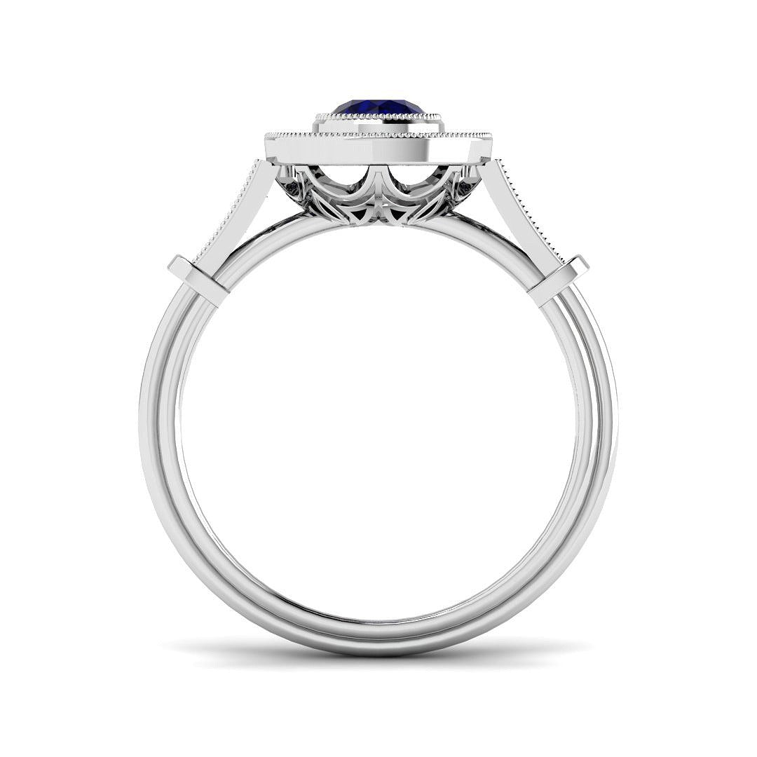 Vintage Round Blue Sapphire Double Halo Ring with Diamond Split Shoulders in 10K/14K gold and platinum with certified lab-grown or natural diamonds
