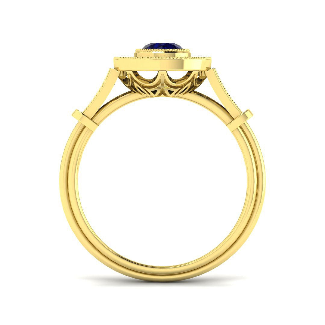 Vintage Round Blue Sapphire Double Halo Ring with Diamond Split Shoulders in 10K/14K gold and platinum with certified lab-grown or natural diamonds