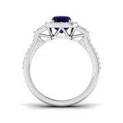 Emerald Cut Blue Sapphire Halo & Baguette Diamond Split Shank Engagement Ring in 10K/14K gold and platinum with certified lab-grown or natural diamonds