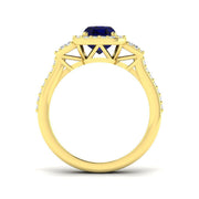 Emerald Cut Blue Sapphire Halo & Baguette Diamond Split Shank Engagement Ring in 10K/14K gold and platinum with certified lab-grown or natural diamonds
