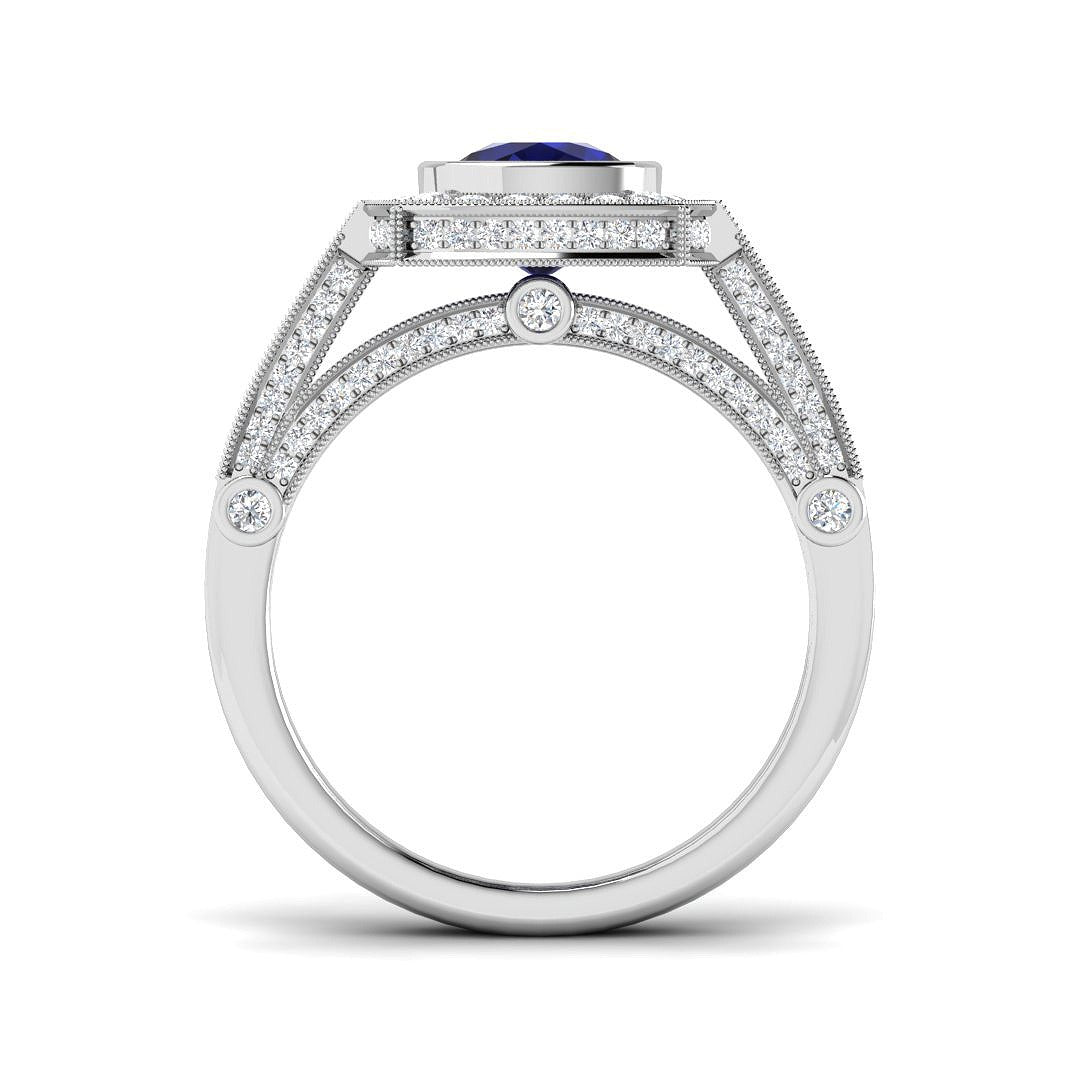 Vintage Cushion Cut Blue Sapphire Halo Diamond Engagement Ring - UK Made in 10K/14K gold and platinum with certified lab-grown or natural diamonds