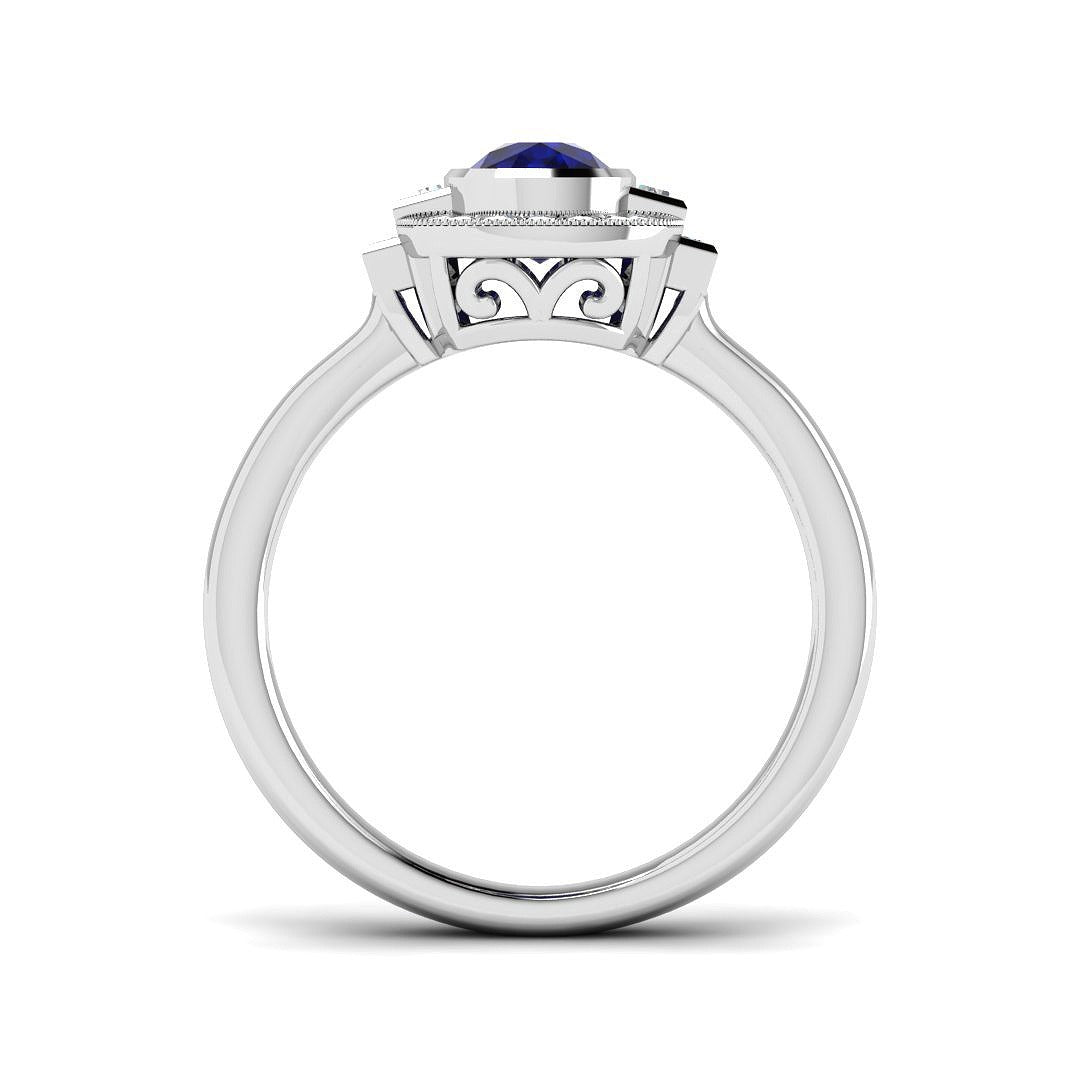 Vintage Bezel Oval Blue Sapphire Halo Diamond Engagement Ring - UK Made in 10K/14K gold and platinum with certified lab-grown or natural diamonds
