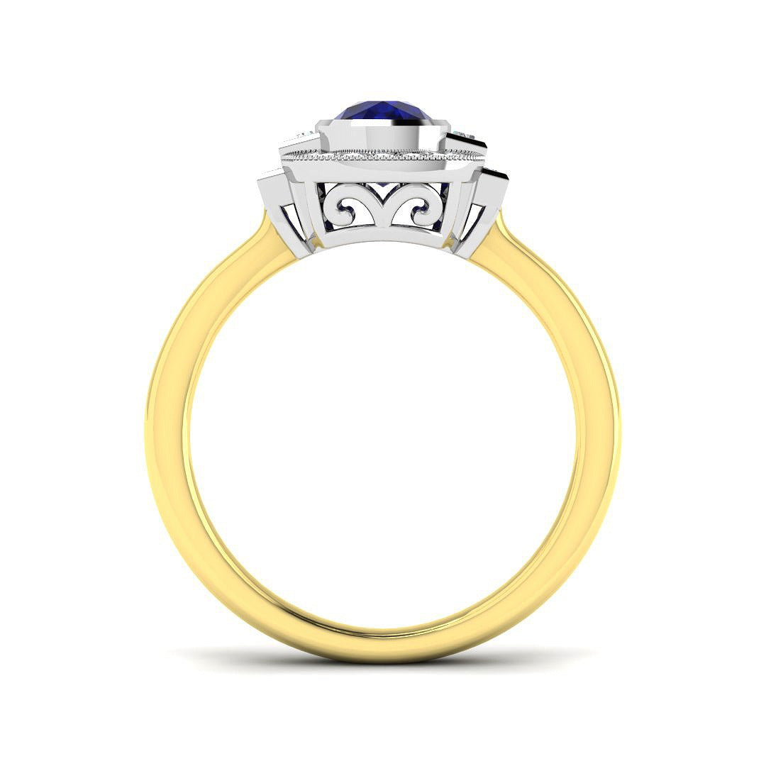 Vintage Bezel Oval Blue Sapphire Halo Diamond Engagement Ring - UK Made in 10K/14K gold and platinum with certified lab-grown or natural diamonds