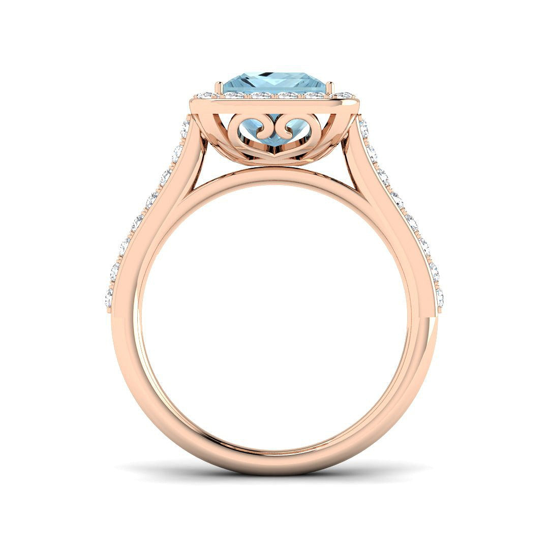 Princess Cut Aquamarine Ring with Round Pave Diamonds in 10K/14K gold and platinum with certified lab-grown or natural diamonds