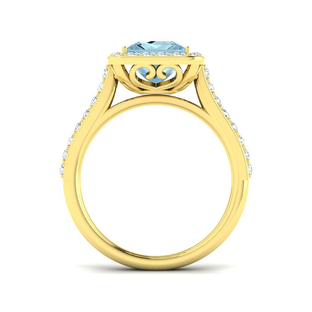 Princess Cut Aquamarine Ring with Round Pave Diamonds in 10K/14K gold and platinum with certified lab-grown or natural diamonds