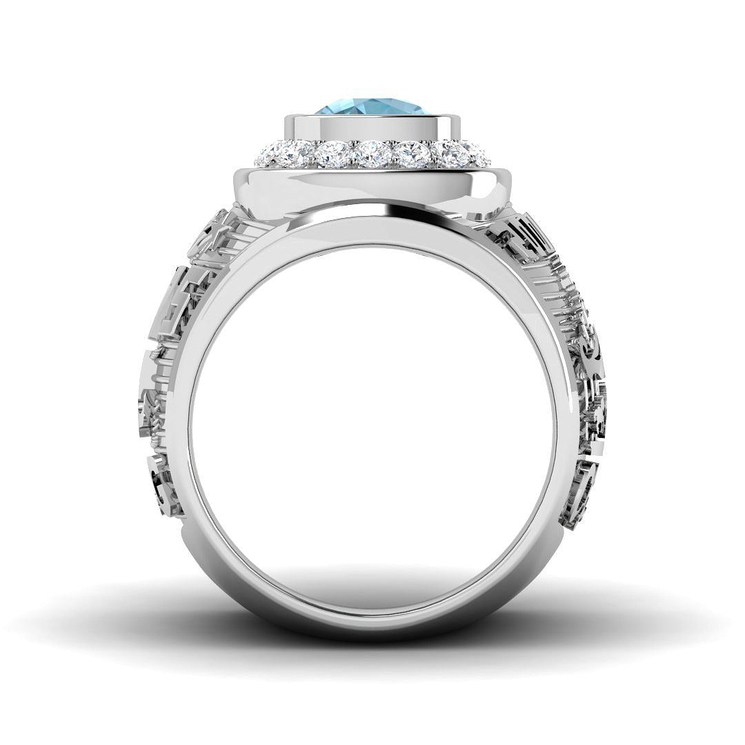Cushion Cut Blue Topaz Ring with Pave Diamonds in 10K/14K gold and platinum with certified lab-grown or natural diamonds