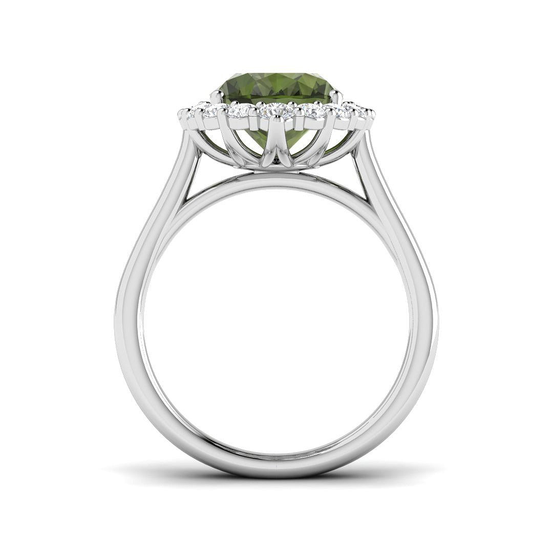 Oval Green Tourmaline Ring with Round Halo Diamonds in 10K/14K gold and platinum with certified lab-grown or natural diamonds