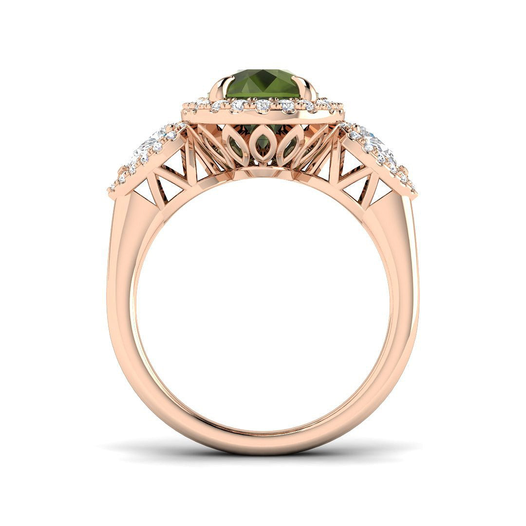 Green Tourmaline Ring with Diamond Halo in 10K/14K gold and platinum with certified lab-grown or natural diamonds