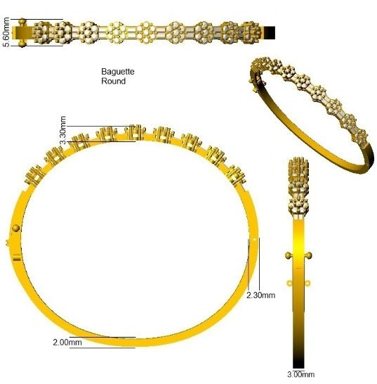 Natural Baguette and Round Cut Floral Eternity Bangle with Hinged Box Lock in 10K/14K gold and platinum with certified lab-grown or natural diamonds