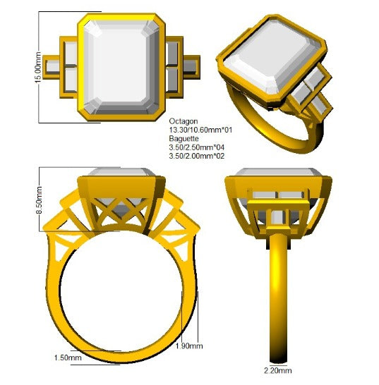 Emerald Cut Aquamarine Gemstone with Milgrain Baguette Diamonds in 10K/14K gold and platinum with certified lab-grown or natural diamonds