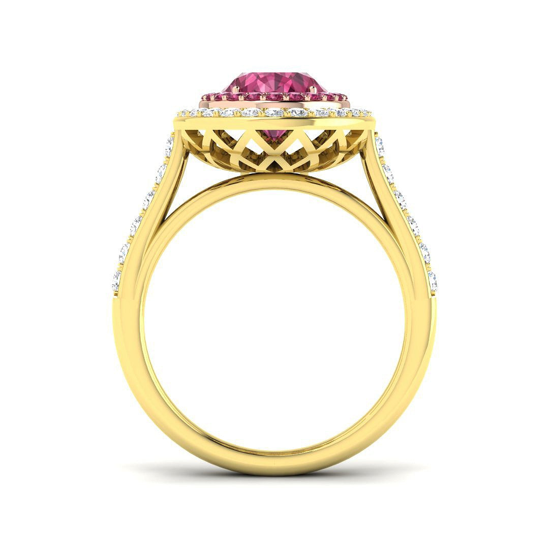 Pink Tourmaline Halo Ring in Oval Cut with Round Natural Diamond Halo in 10K/14K gold and platinum with certified lab-grown or natural diamonds