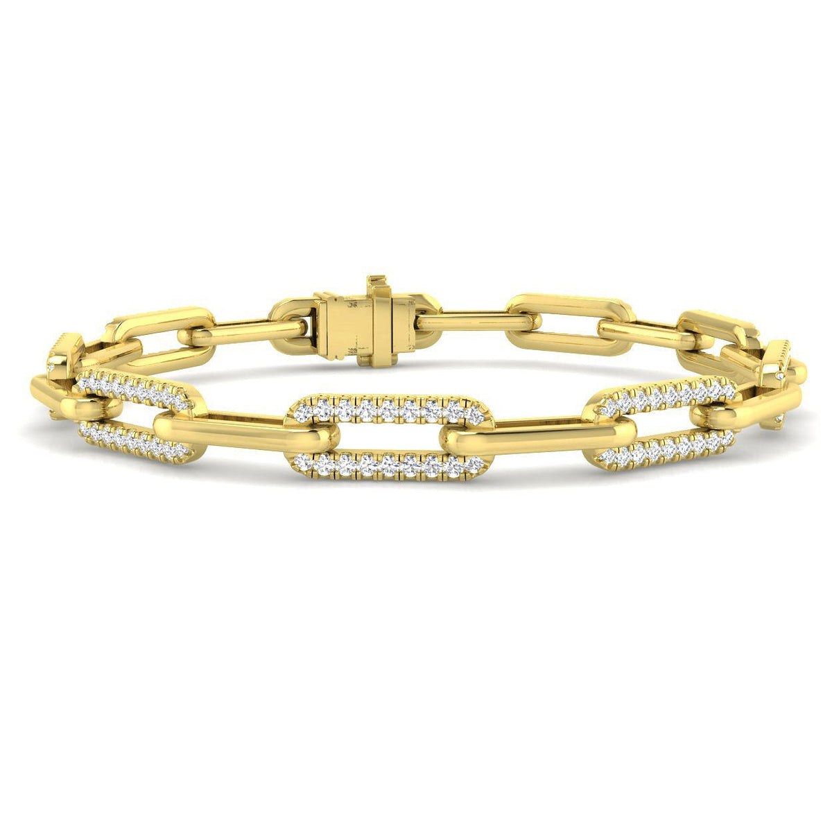 Round Pave Lab Grown Diamond Paperclip Link Bracelet with Pave Center Link / in 10K/14K gold and platinum with certified lab-grown or natural diamonds