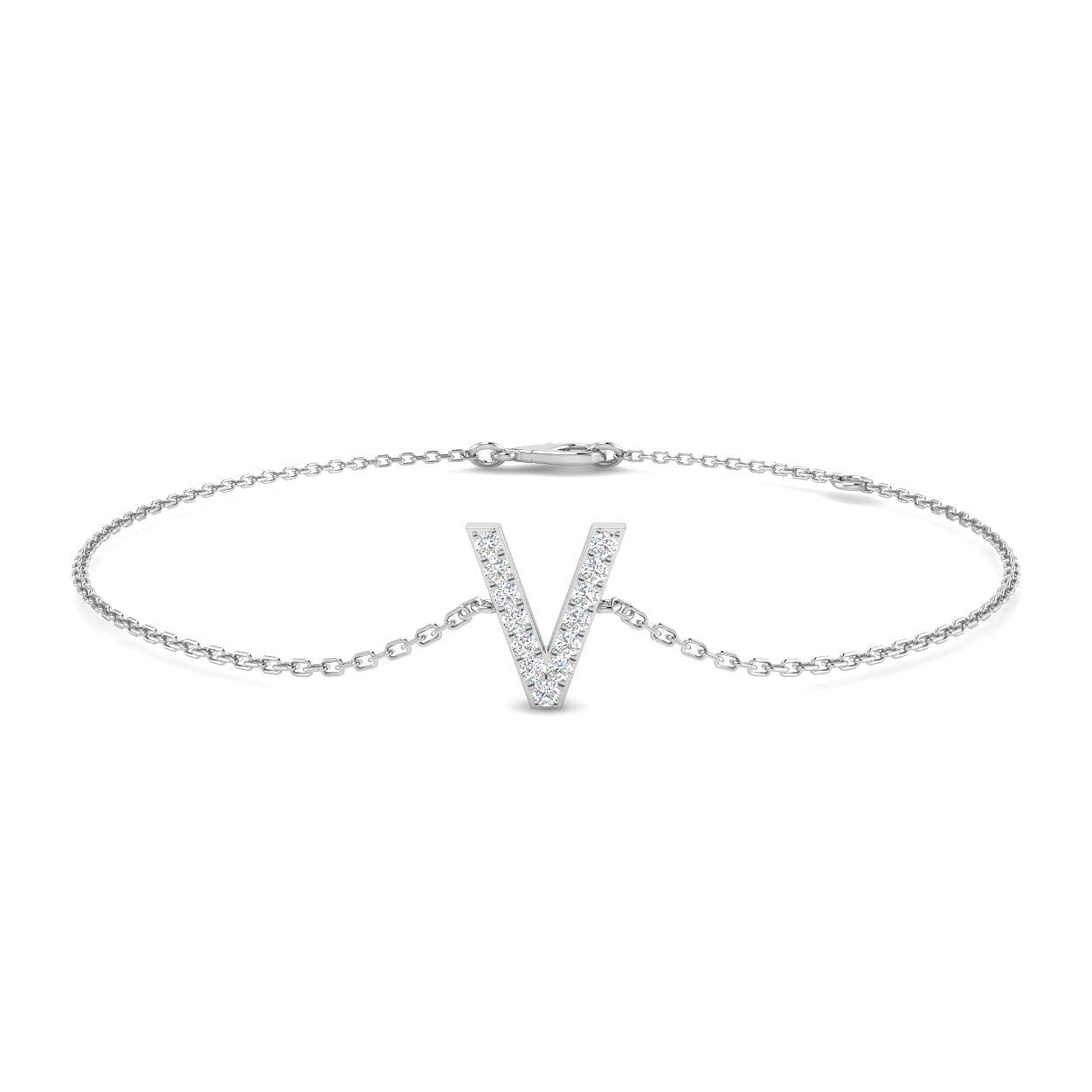 Natural Round Cut Initial V Alphabet Bracelet in Platinum with Chain and Lobster Claw in 10K/14K gold and platinum with certified lab-grown or natural diamonds