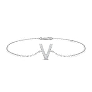 Natural Round Cut Initial V Alphabet Bracelet in Platinum with Chain and Lobster Claw in 10K/14K gold and platinum with certified lab-grown or natural diamonds