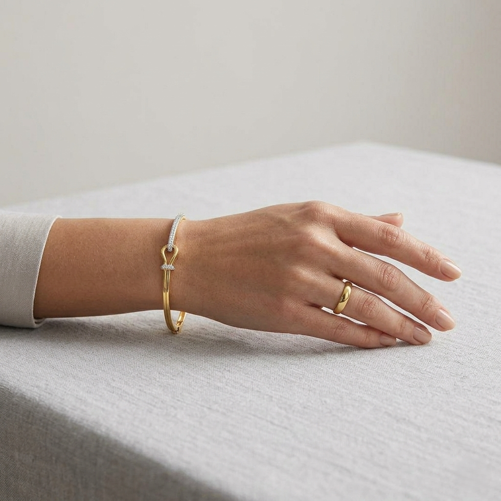 Lab Grown Round Cut Diamond Knot Design Hinged Bangle with Lock in 10K/14K gold and platinum with certified lab-grown or natural diamonds