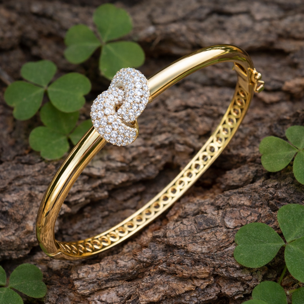 Natural Round Cut Diamond Cluster Knot Fancy Bangle with Hinged Lock in 10K/14K gold and platinum with certified lab-grown or natural diamonds
