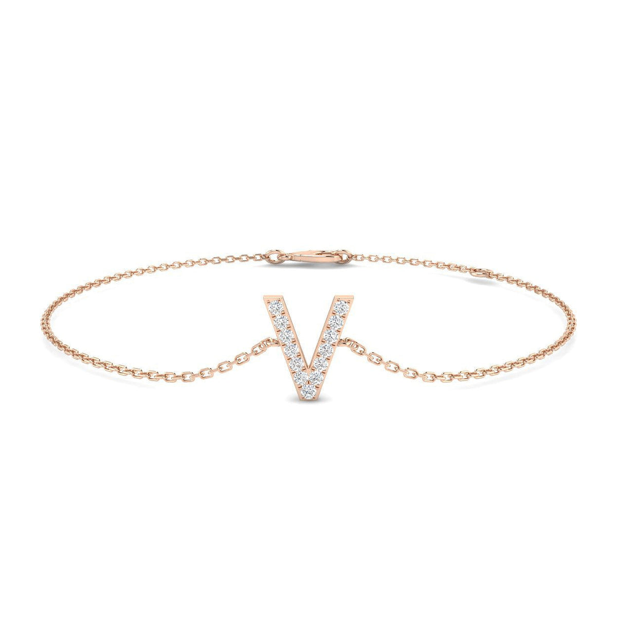 Natural Round Cut Initial V Alphabet Bracelet in Platinum with Chain and Lobster Claw in 10K/14K gold and platinum with certified lab-grown or natural diamonds