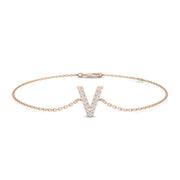 Natural Round Cut Initial V Alphabet Bracelet in Platinum with Chain and Lobster Claw in 10K/14K gold and platinum with certified lab-grown or natural diamonds