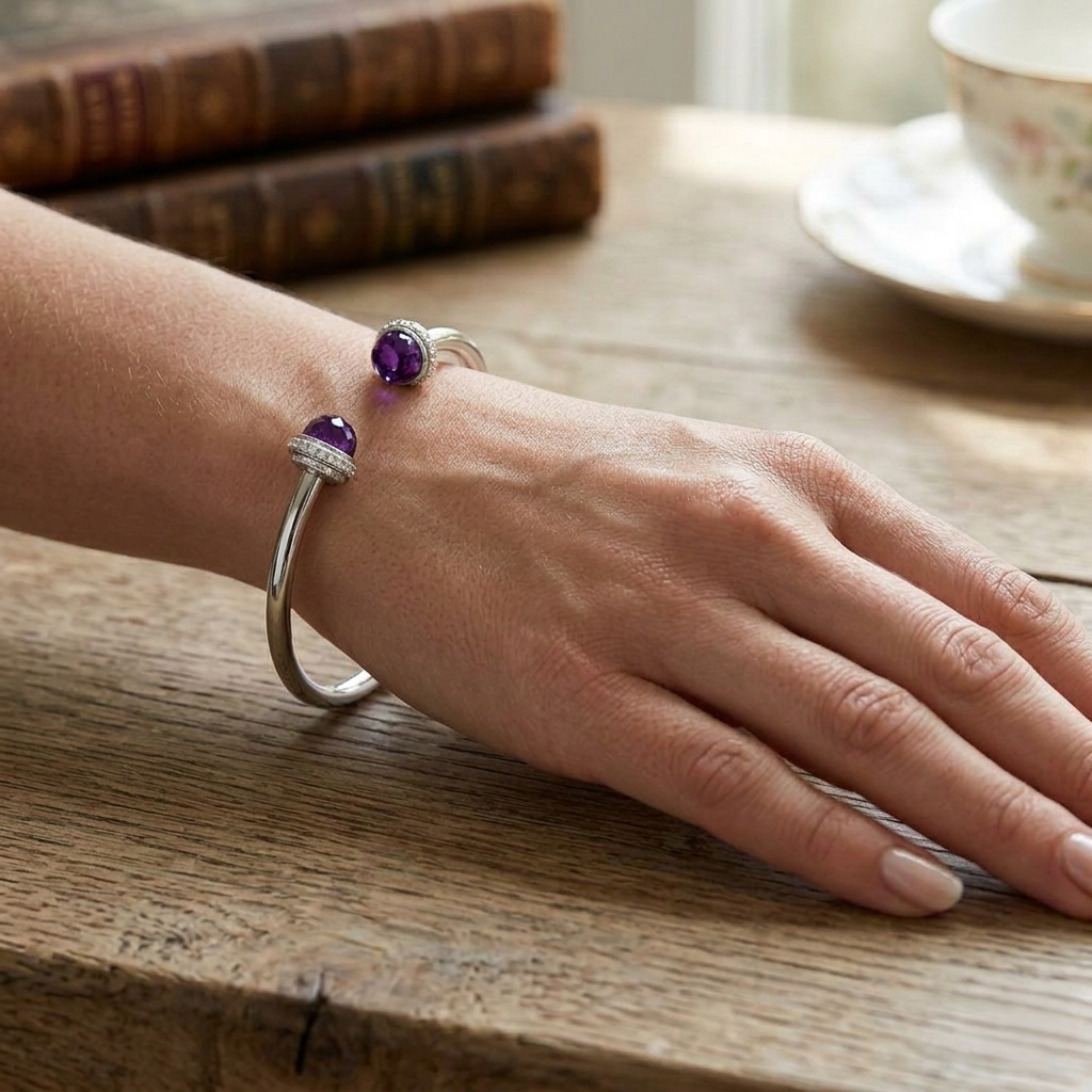 Amethyst Open Cuff Bangle with Round Cut Lab Grown Halo Diamonds in 10K/14K gold and platinum with certified lab-grown or natural diamonds