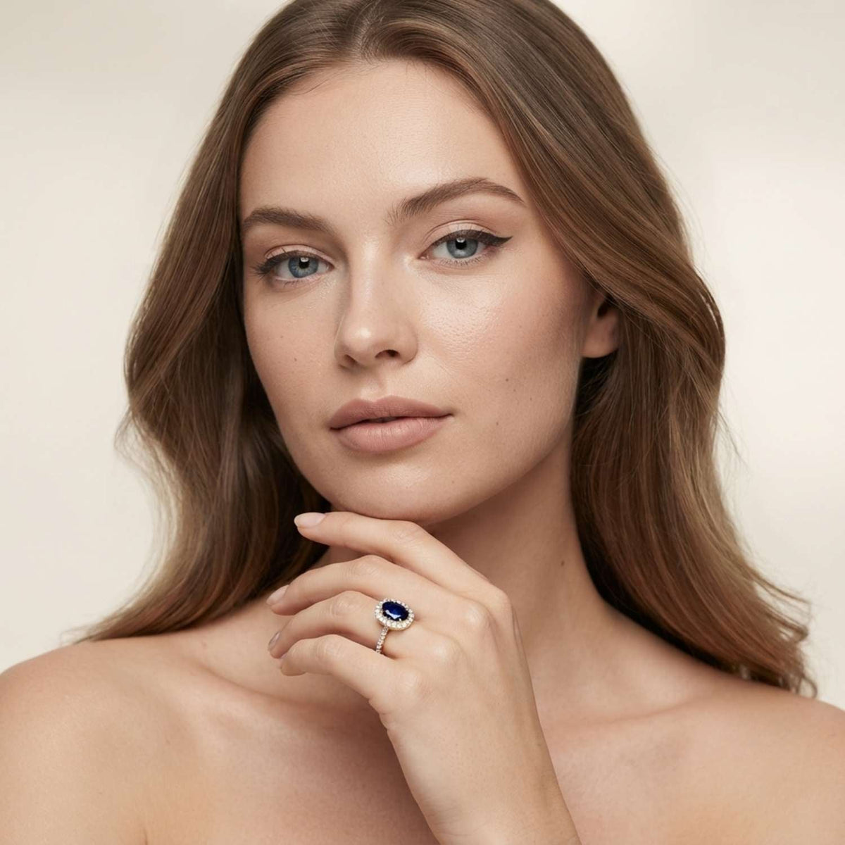 Oval Blue Sapphire Halo Ring with Pave Natural Diamond Band in 10K/14K gold and platinum with certified lab-grown or natural diamonds
